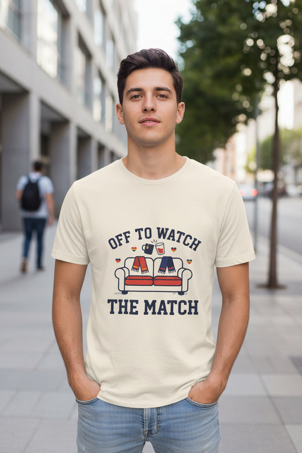 Beige t-shirt with 'Off to Watch The Match' graphic and text on a white background