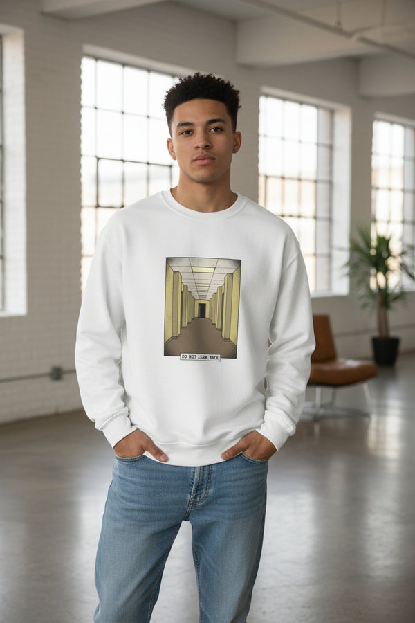 White sweatshirt with a graphic of a hallway and text on a white background