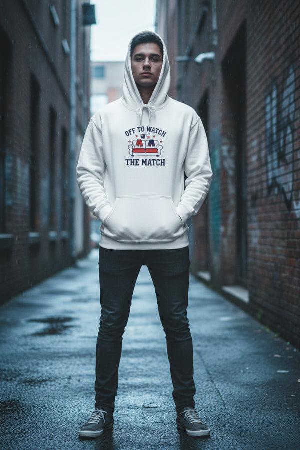 White hoodie with 'Off to Watch the Match' text and graphic on a white background