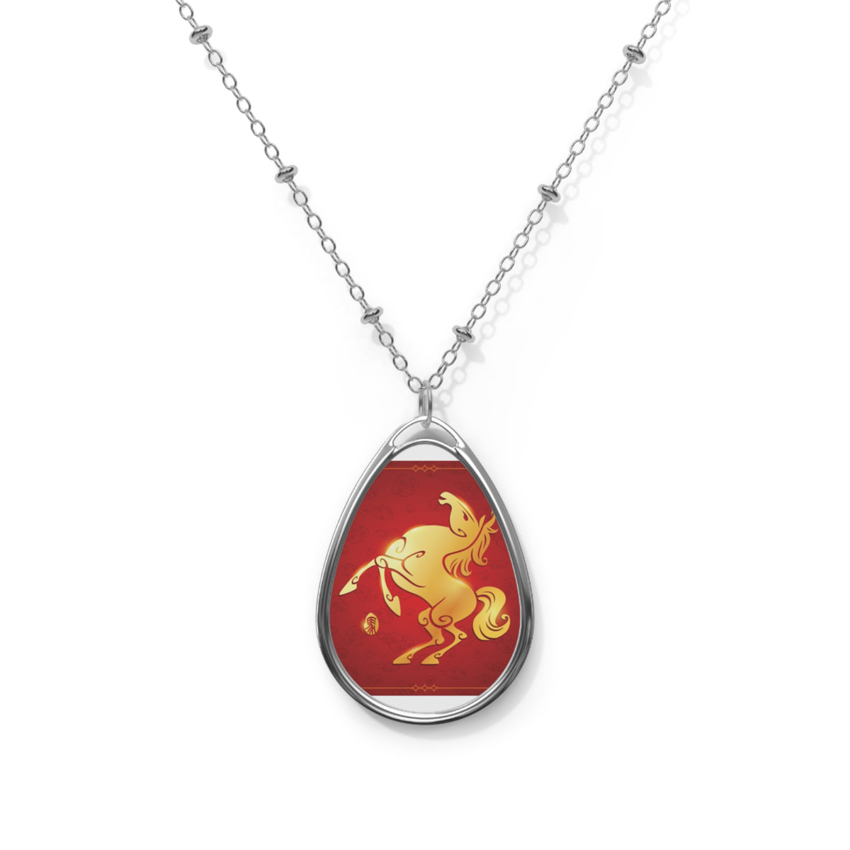 Gold Unicorn Teardrop Necklace — Oval Pendant Jewelry with Red Enamel