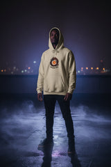Beige hoodie with a graphic design on a white background