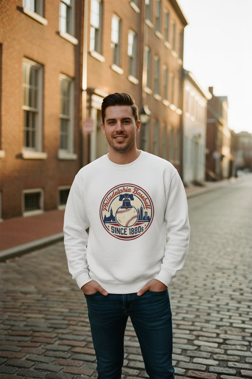 White sweatshirt with a baseball-themed graphic on a white background