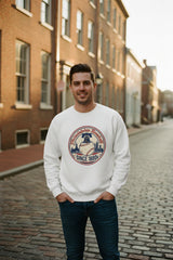 White sweatshirt with a baseball-themed graphic on a white background
