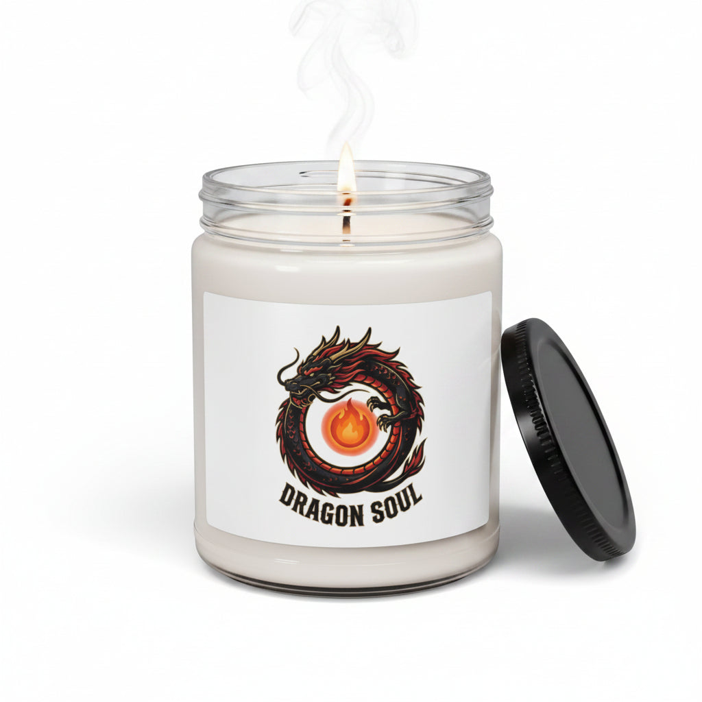 Candle jar with dragon design and 'Dragon Soul' text on a white background
