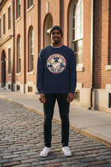 Navy blue sweatshirt with a baseball-themed graphic on a white background
