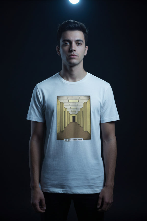 White t-shirt with a graphic of a hallway and text on a white background