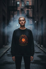 Black sweatshirt with a graphic design and text on a white background